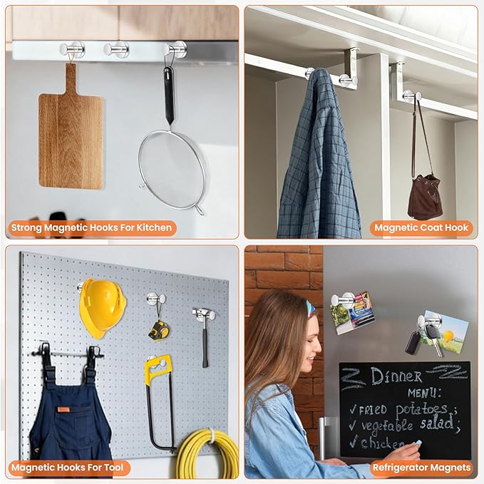 E BAVITE Magnetic Hooks 8 PCS 150lb Magnet Hook Cruise Cabins Essentials Heavy Duty Wreath Hanger Strong Magnets for Classroom Whiteboard Wreath Coat Grill Hanging Garage Cruise Ship Camping (Silver)