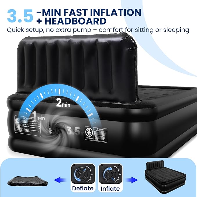 Queen Air Mattress with Headboard, Built-in Pump, 800 lbs Support, Quiet Noiseless Design, 48-Hour Leak-Tested, 3.5 Min Fast Inflation, Portable Blow Up Bed with Carry Bag for Home, Guests & Camping