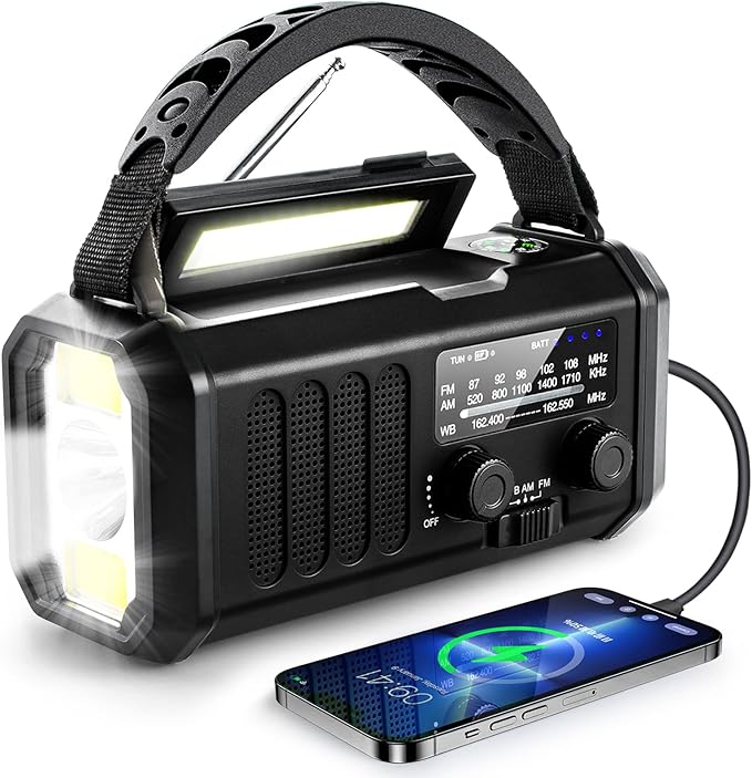 Emergency NOAA Weather Radio, 10000mAh/37000mWh, Solar Hand Crank Radio with AM/FM, Flashlight Reading Light, Rechargeable Battery, for Camping Safety & Survival Equipment Outdoor Emergencies