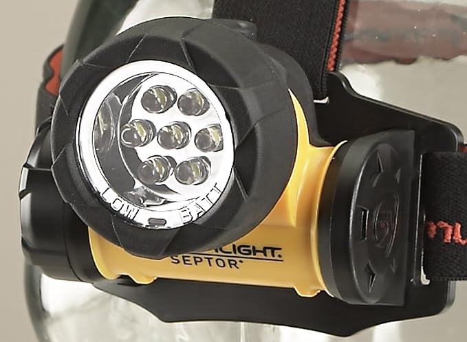 Streamlight 61052 Septor 120-Lumen 900-Candela Hands-Free LED Headlamp with 7 LEDs, 3 Lighting Modes and Elastic & Rubber Straps, Yellow
