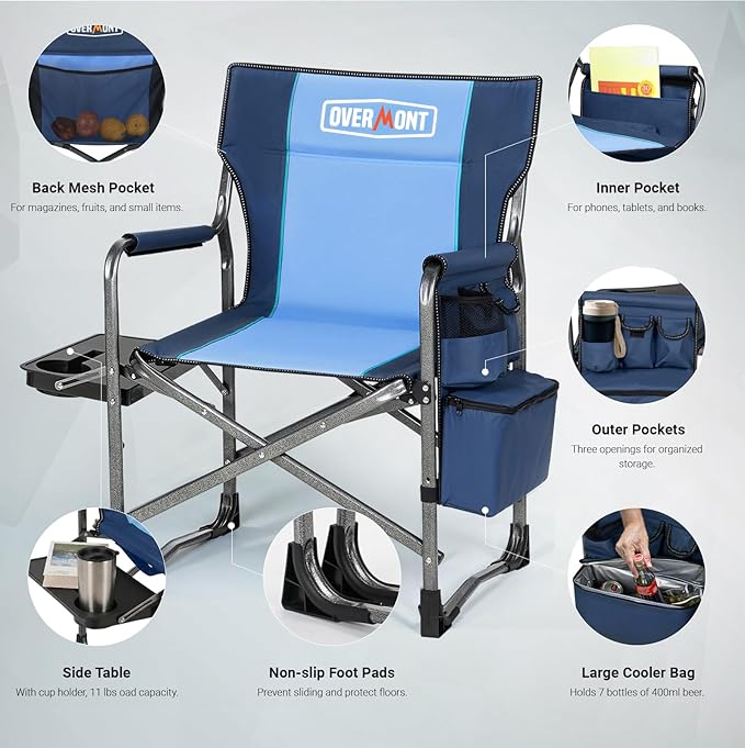 Overmont Oversized Lightweight Camping Chair - Portable Comfortable Heavy Duty Foldable Directors Chairs with Side Table & Cooler Bag for Outside Camp Beach Picnic Lawn and Fishing Supports 400lbs