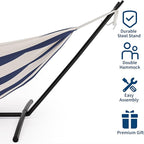 Double Hammock with Steel Stand - 2 Person Hammock Bed Indoor Outdoor, Brazilian-Style, with Carry Bag, 450lb Capacity, Portable & Easy Assembly, Blue&White