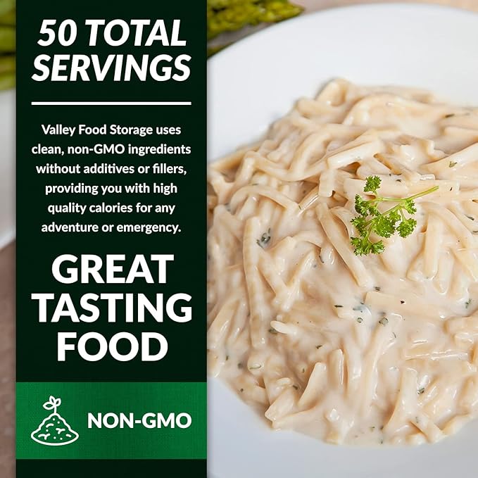 Valley Food Storage Fettuccine Alfredo | 10-Bag Bucket, 50 Servings | Premium Emergency Food Supply, 25 Year Shelf Life | Survival Meal Kits, Prepper Food, Camping & Long Term Food Storage | Packaged in USA