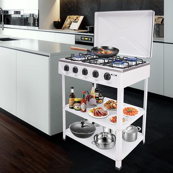 Natural Gas Stove, 12.5KW 5-Burner Camping Stove with 5 Fire Adjustment Knobs and 2 Tiers Storage Rack, Portable Gas Cooktop Outdoor Cooking Tool for Camping Fishing Travel, White