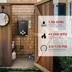 CAMPLUX Portable Water Heater,1.58 GPM Propane Water Heater Outdoor,41,000 BTU Camping Water Heater with 1.6 GPM Water Pump Pack，BW158BP60, Black