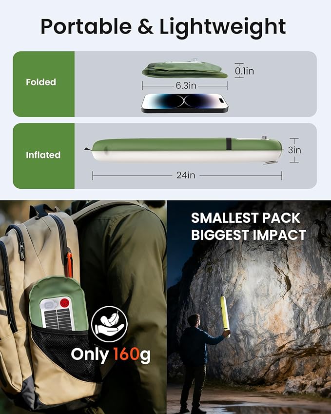 24" Inflatable Solar Camping Lantern - USB-C Rechargeable LED Light Tube with 2000mAh Power Bank, IP66 Weather-Resistant Collapsible Tent Light for Hiking, Backpacking, Outdoor Adventures (Green)