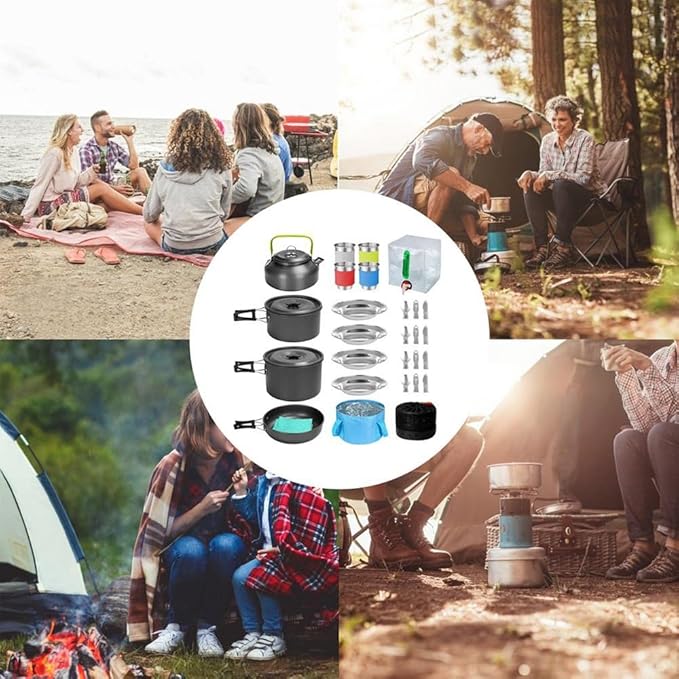 Camping Tableware Set 4 Person Outdoor Picnic Cooking Supplies with Bucket Bowl Pans Fold Knife Fork Cookware 29PCS Kit