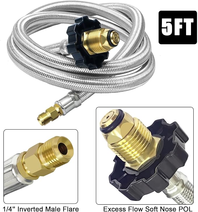 4-Port Propane Brass Tee kit with 5FT and 12FT Stainless Braided Hose, Tee Adapter Kit Allows for Connection Between Auxiliary Propane Cylinder and Propane Appliances for Motorhomes Tank RV Camping