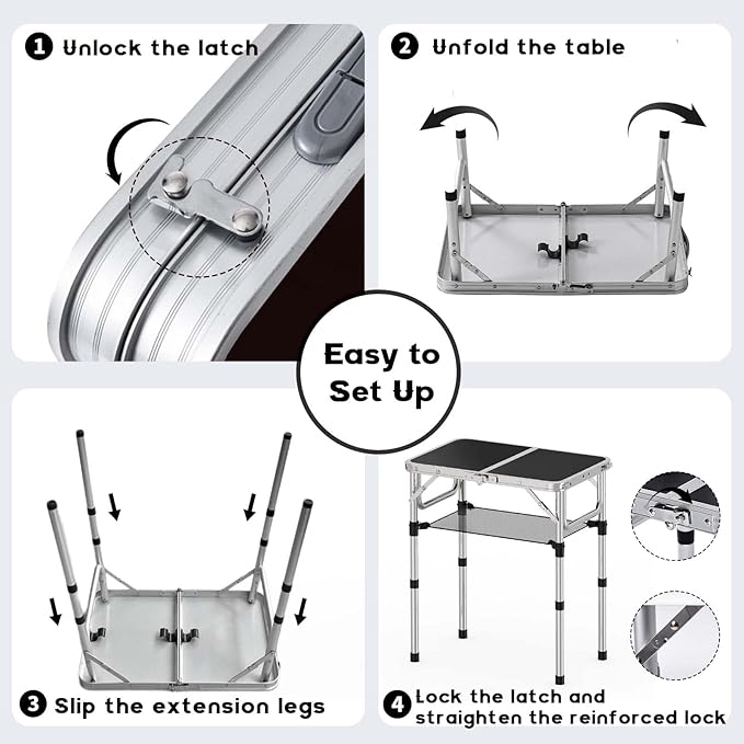 Small Folding Table, Aluminum 24" x 16" Adjustable Height Max 27.5" Folding Camping Table with Carrying Handle, Lightweight, Portable Camp Table for Outdoor Indoor Picnic Beach, Black