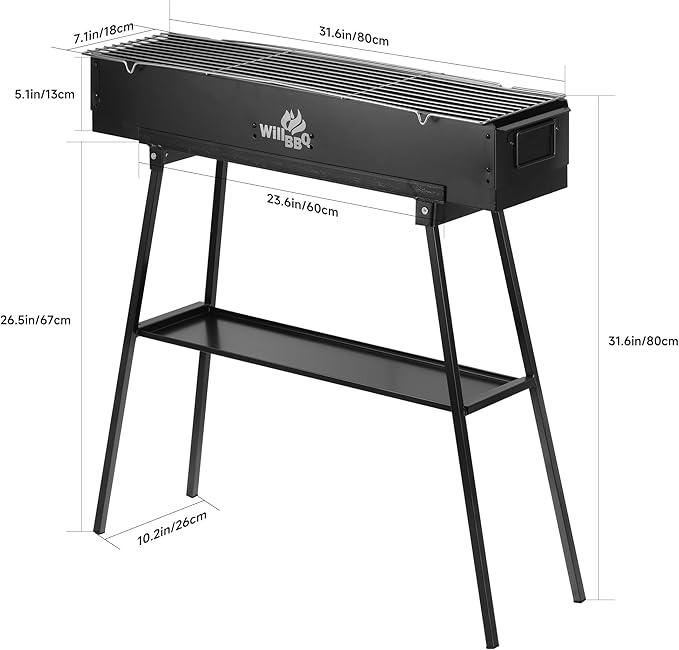 WILLBBQ Charcoal Grills Commercial Quality Portable Hibachi BBQ Lamb Skewer Folded Camping Barbecue Grill for Backyard Outdoor Cooking Use (31.5x7.2x5.2 inch), BLACK
