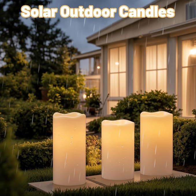 Wondise Solar Candles Outdoor Waterproof IP65 Rechargeable Solar Candles, Dusk to Dawn, Outdoor Pillar Candle for Camping Patio Porch Lanterns(3 Pack, 3" D x 5" H x 6" Hx 8" H)