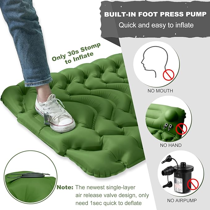MEETPEAK Camping Sleeping Pad with Pillow, Extra Thickness Inflatable Camping Mat with Foot Pump, Durable Waterproof Lightweight Camping Air Mattress for Hiking Backpacking Traveling