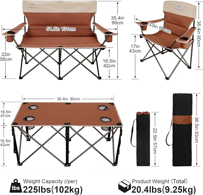 CAMPHILL Camping Chair Set of 3, Outdoor Folding Camping Chairs for Heavy People with Cup Holder & Carry Bag,Collapsible Chair Include One Sofa Chair and Two Single Chair,Support up to 500lbs