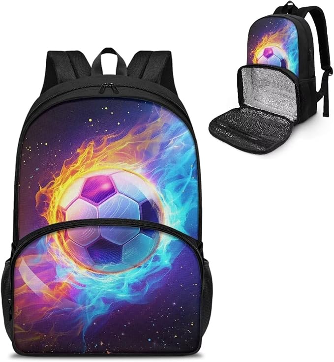 Orange & Blue Fire Soccer Insulated Cooler Lunch Bag Backpack Fashion Laptop Backpack Computer Bag Meal Prep Backpack for Picnic College Travel Kids School Bookbag