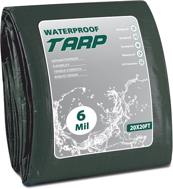 Heavy Duty Waterproof Tarp 20x20 FT, 6 Mil Thick Tarpaulin Cover with Reinforced Edges & Grommets - for Outdoor Camping, Roof, Boat, RV, Pool, Tent - Includes Utility Rope