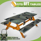 Picnic Table Cover with Bench Covers Vinyl Elastic Edges Fitted Rectangle Seat Tables Waterproof 3-Piece96X30in Set Outdoor Rectangular Folding Backing Tablecloth for Camping Over Size