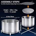 HGD 28" Smokeless Firepit with Stand & Grill Rack, Large Stainless Steel Wood Burning Fire Pit for Friends & Family Gatherings, Secondary Combustion Outdoor Patio Stove for Garden BBQ & Bonfire
