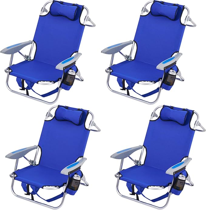 4PC Portable Beach Chair for Adults, 5 Position Backpack Folding Camping Chairs for Outdoor, Beach Chairs with Backpack Straps, Blue