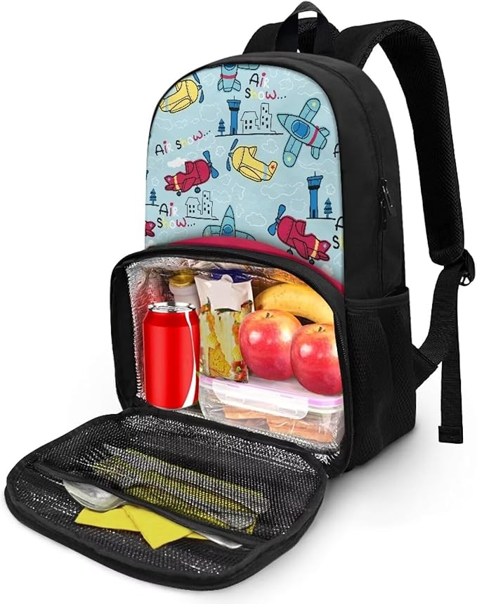 Lunch Backpack for School Picnic, 17 Inch Insulated Cooler Backpack With Lunch Compartment Meal Bag, Unisex Large Capacity Travel Casual School Bag Laptop Backpack, Cartoon Planes