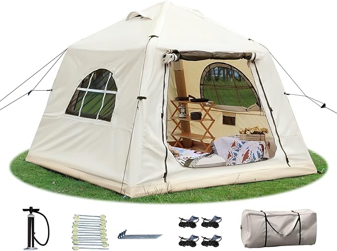 2025 Upgraded Waterproof Inflatable Camping Tent, Large Blow-Up Air Tent, No Assembly Needed Luxury Glamping House, Oxford Fabric