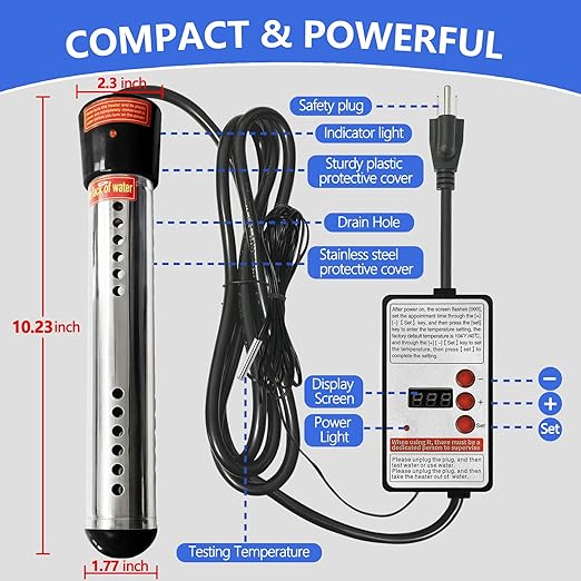 Immersion Water Heater 1500W – Portable Stainless Steel Bucket Heater with Thermostat, Anti-Scald Guard, Auto Shut-Off & Digital Temp Control for Home, Hot Tub, Spa, Camping, RV