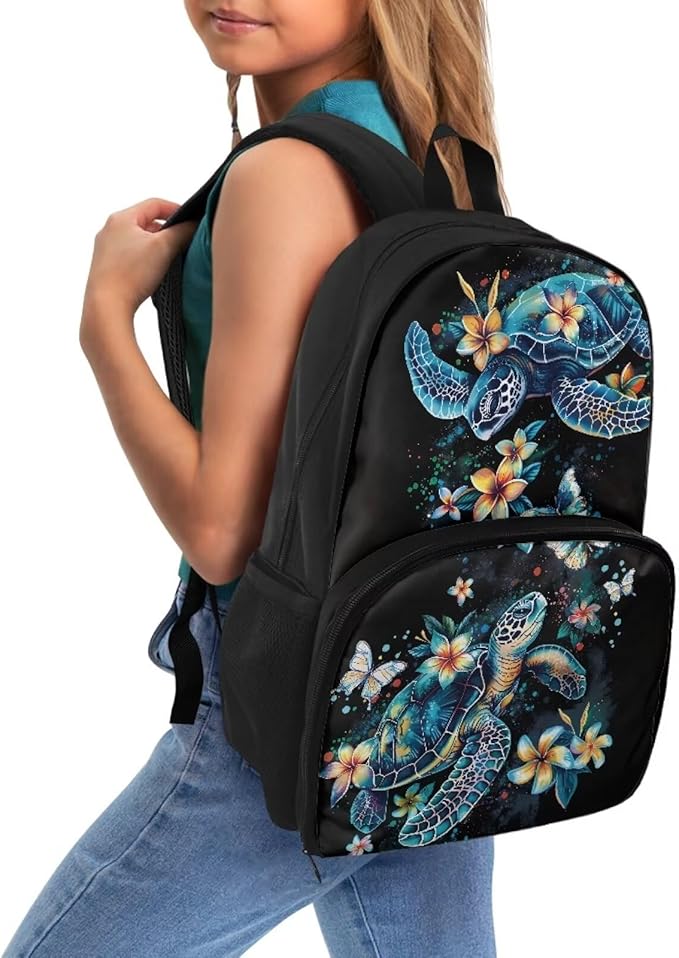 Sea Turle Flower Kids Lightweight Shoulder Backpack 17 Inch Travel Laptop Insulated Cooler Bag Box Stain-resistant Unisex Large Capacity Casual Backpack Meal Bag Lunchbox
