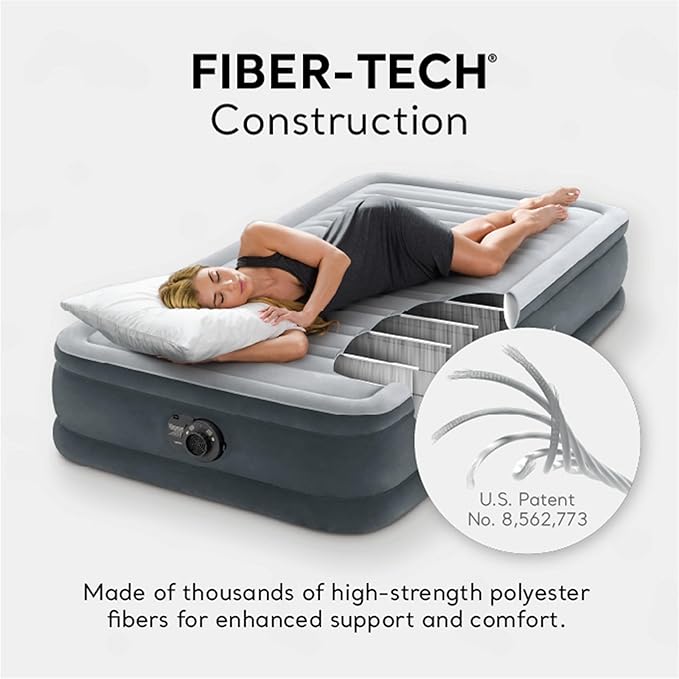 Intex Twin Size Dura Beam Deluxe Comfort Plush Air Mattress with Fiber Tech Construction, Built in Pump, and Portable Storage Case, Gray (2 Pack)