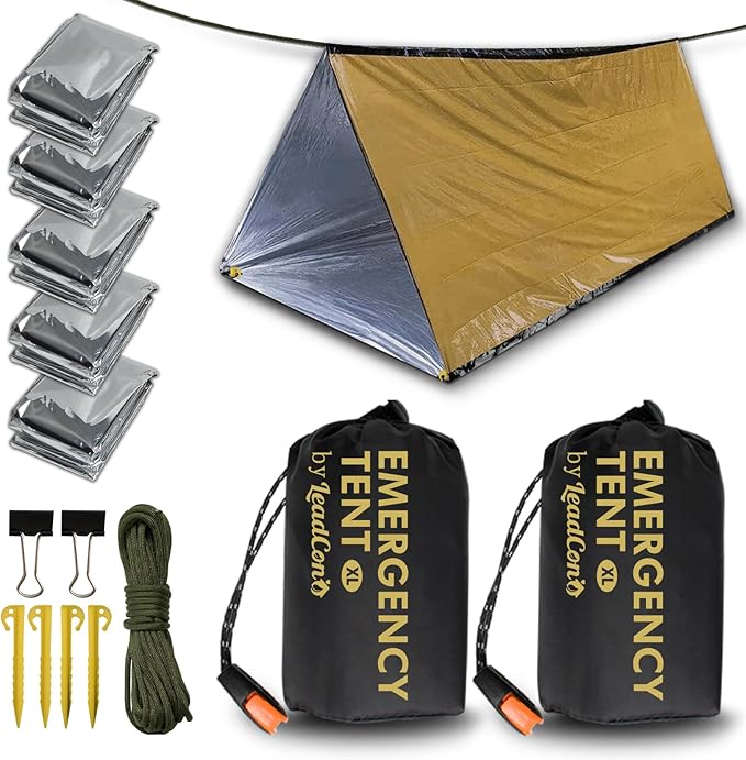 2 Pack Emergency Survival Tent, 2 Person Emergency Shelter Tube Tent All-Weather Protection for Camping, Hiking, & Survival Kits Includes 5 pcs Emergency Blanket Mylar