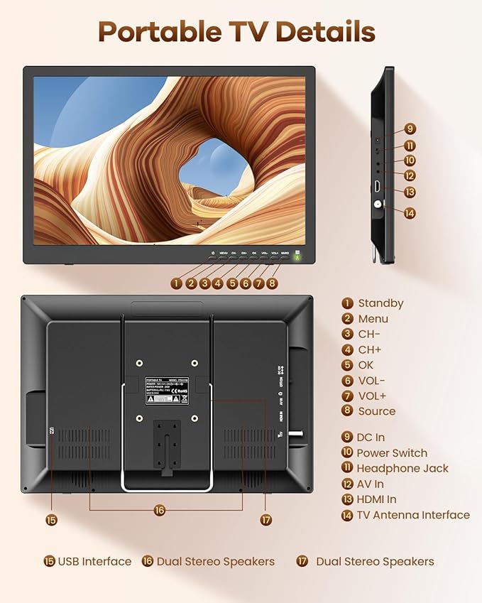 NORTHING 1080P 12 Volt Portable TV with Antenna/USB/HDMI/AV, for Camping Home Kitchen Power Outage, Sleep Timer (Inches, 17)