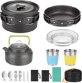 17pcs Camping Cookware Kit, Aluminum Non-Stick Pot, Pan and Kettle Set with 2 Set Stainless Steel Cups Plates Forks Knives Spoons for Backpacking and Hiking Camping