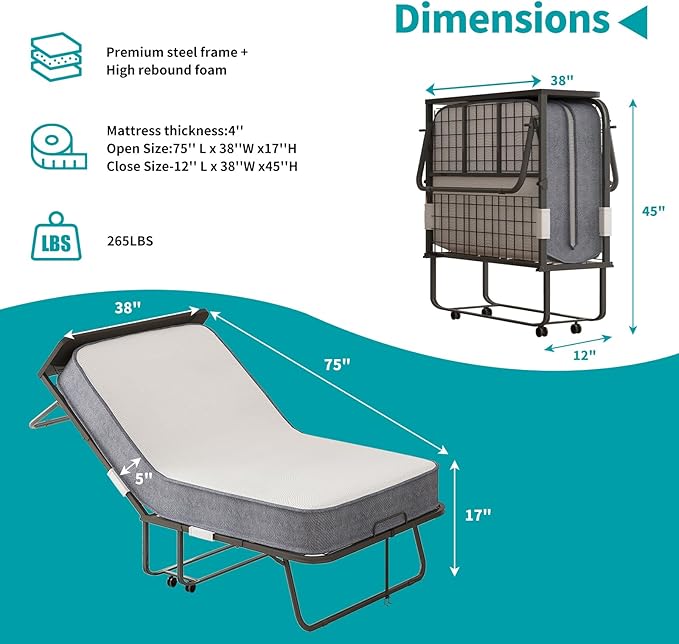 BALUS Folding Bed with Mattress for Adults, 75 ''L X 38''W Rollaway Bed with 5'' Memory Foam Mattress, Portable Foldable Frame with Dustproof Bag & Baffle (Upgrade)