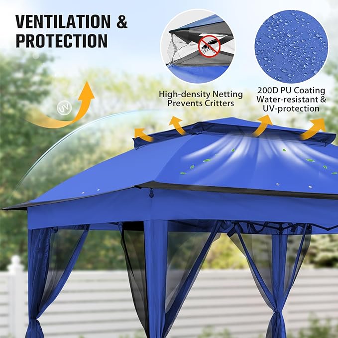 COOS BAY Pop up Gazebo 11x11, Instant Canopy Tent with Mesh Netting, Patio Gazebo with 121 Square Feet of Shade, 4 Weight Bags Included, Blue