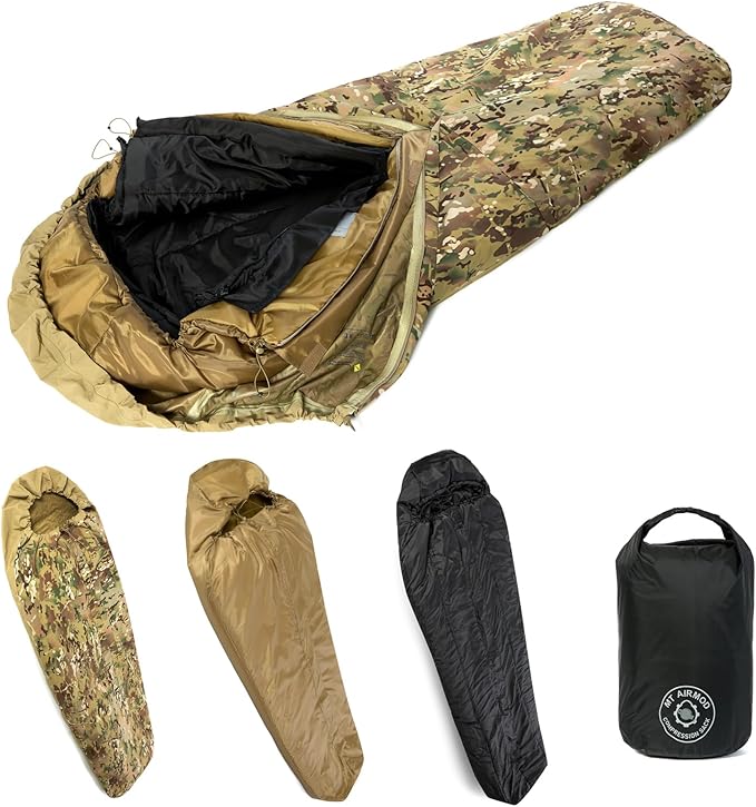 MT Military Modular Sleeping System, 3-Layer, Cold Weather Sleeping Bag, Waterproof Bivy Cover, Vacuum Compression Sack
