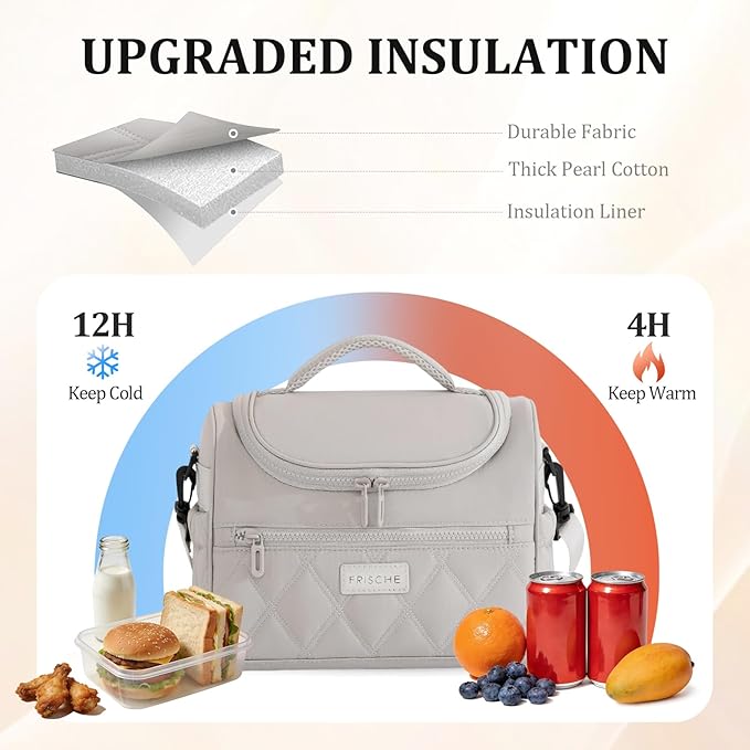 Lunch Bag for Women Insulated,Lightweight Soft Lunch Box with Straps,Reusable Leakproof Lunch Cooler for Work Meal Camping Beach,Grey