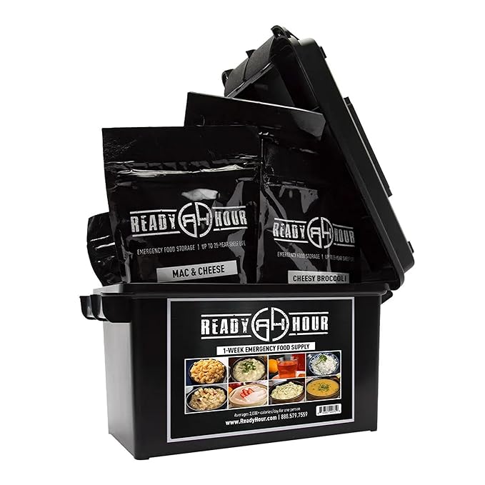 Ready Hour 1-Week Food Supply Ammo Can (58 Servings), Emergency Storage Rations, Prepper Kit, Survival Food, Freeze-Dried, 25-Year Shelf Life, Flood-Safe Container