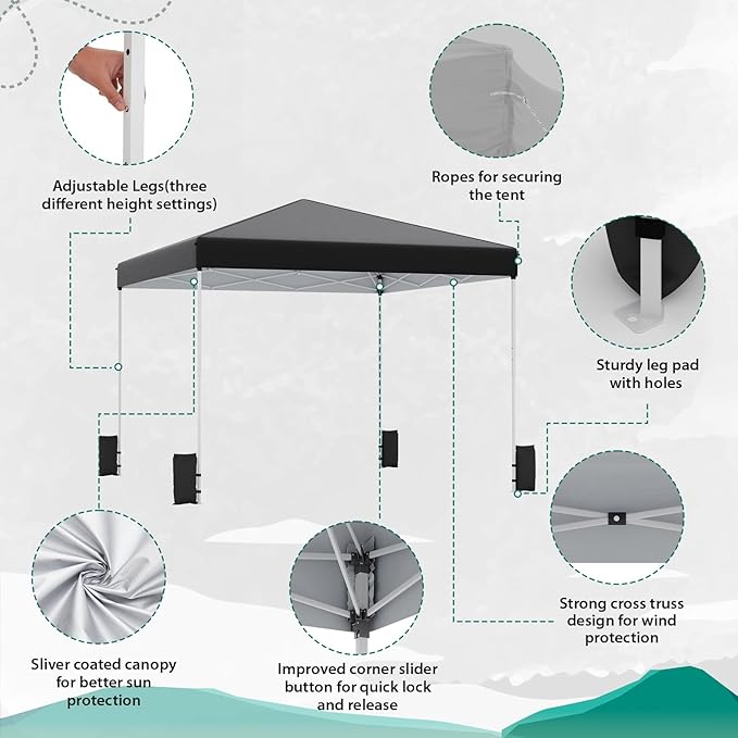 EROMMY 10x10 Pop Up Tent, Easy to Set Up Outdoor Canopy, Portable Shelter for Events, Parties, Camping with 4 Sand Bags, Wheeled Bag, 4 Ropes and 8 Spikes(Black)