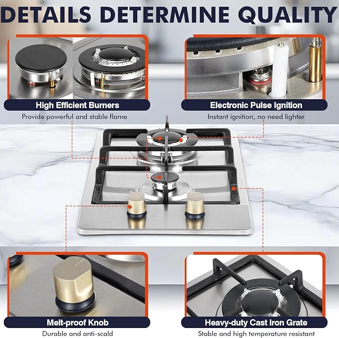 Llamaviva Gas Stove 12 Inch, Propane Cooktop 2 Burner, Portable Gas Cooktop Stainless Steel, Dual Fuel LPG/NG Convertible with Thermocouple Safety Protection for Kitchen, RV, Camping, Outdoor