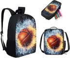 3 PCS Basketball Backpack for Boys Elementary School Backpack for Boys 17 Inch Knapsack Rucksack Lunch Box with Thermal Insulated Pen Case, Black