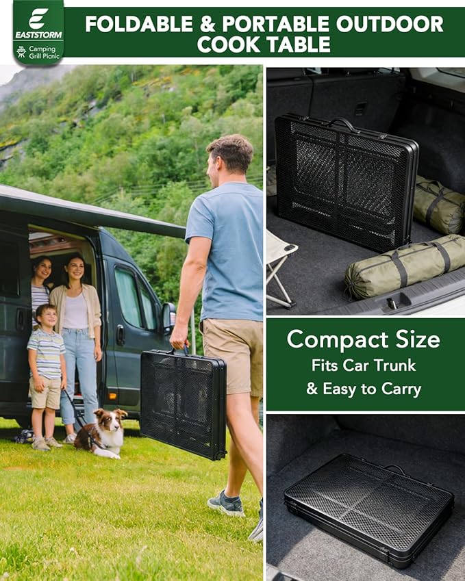 3ft Folding Camping Table with Wing Panels, Adjustable Height Metal Grill Prep Table with Storage Net, Paper Towel Holder, Hooks, Trash Bag Rack for BBQ, RV, Picnic, Portable Grill