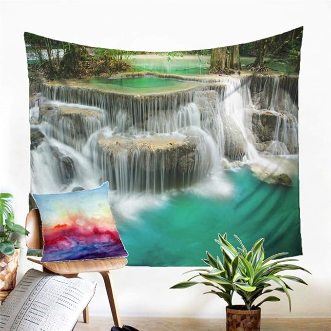 Forest Waterfall Tapestry Wall Hanging Sandy Beach Picnic Rug Camping Tent Sleeping Pad Home Decor Bedspread Sheet Wall Cloth (104x88inch,5)