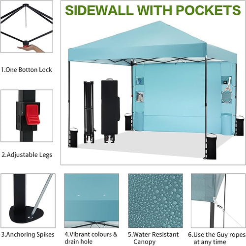 10'x10' Pop Up Canopy Tent with 1 Sidewall and 6 Pockets, One Push Setup, Instant Shade Tent with Vented Roof for Beach Patio Outdoor, Case, 8 Stakes, 4 Ropes, 4 Sandbags (Cyan, 10x10)
