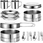 14Pcs Stainless Steel Camping Cookware Set, Lightweight Compact Camping Pots Pans Set with Cups Plates Forks Knives Spoons for Backpacking Camping-Cooking Hiking and Picnic