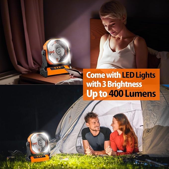 20000mAh Battery Powered Camping Fan, 58Hrs Rechargeable Portable Fan, 400LM Light, 360° Hook, Whisper Quiet Battery Operated Fan for Outdoor Car Travel Hurricane Camping Gear Essentials Power Outages