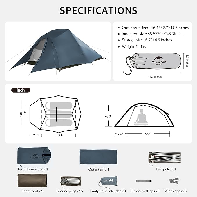 Naturehike Cloud Up 3 Person Backpacking Tent with Footprint - 3 Season Free Standing Lightweight 3 Person Camping Tent | with Footprint, Free Standing, Dome, Camping, Hiking, Waterproof
