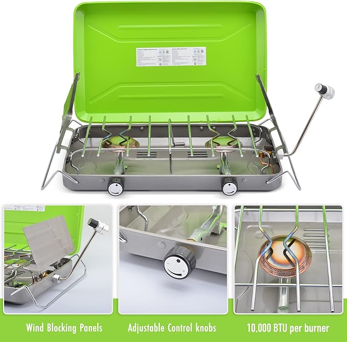 Flame King VT-101 2-Burner Portable Camping Stove Grill, Great for Outdoor Cooking, Backpacking, Compatible with 1LB Propane Gas Bottle