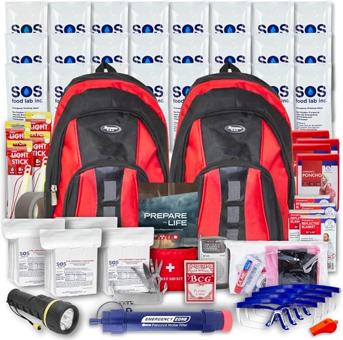 Essentials Complete Deluxe Survival Kit 2 & 4 Person | Bug-Out-Bag | Emergency Go Bag Kit for Wildfires, Hurricanes, and Other Natural Disasters