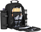 Sunflora Insulated Picnic Backpack for 2 Person Bag with Cooler Compartment, Wine Pouch, Blanket and Stainless Steel Cutlery Set for Couple, Lovers and Friends (Black)