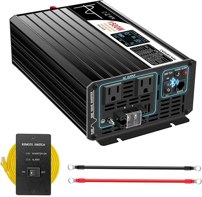 1500W (Peak Power 3000W) DC 12v to 120V AC 60HZ Pure sine Wave Solar Inverter for Home RV &Camping (DC12V (Range 10V-15V)
