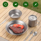 Titanium Tableware Set, 8-Piece Camping Dinnerware Kit, Titanium Bowl, Plate, Cup, Fork, Spoon, and Napkin, Includes Storage Bag, for Backpacking, Camping, Hiking, and Picnics