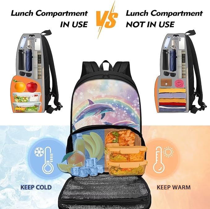 17 Inch Travel Laptop Backpack for Women, Middle-School Elementary Student Bookbags Large Capacity Casual Hiking Outdoor Daypack with Multi Pockets, Rainbow Dolphin